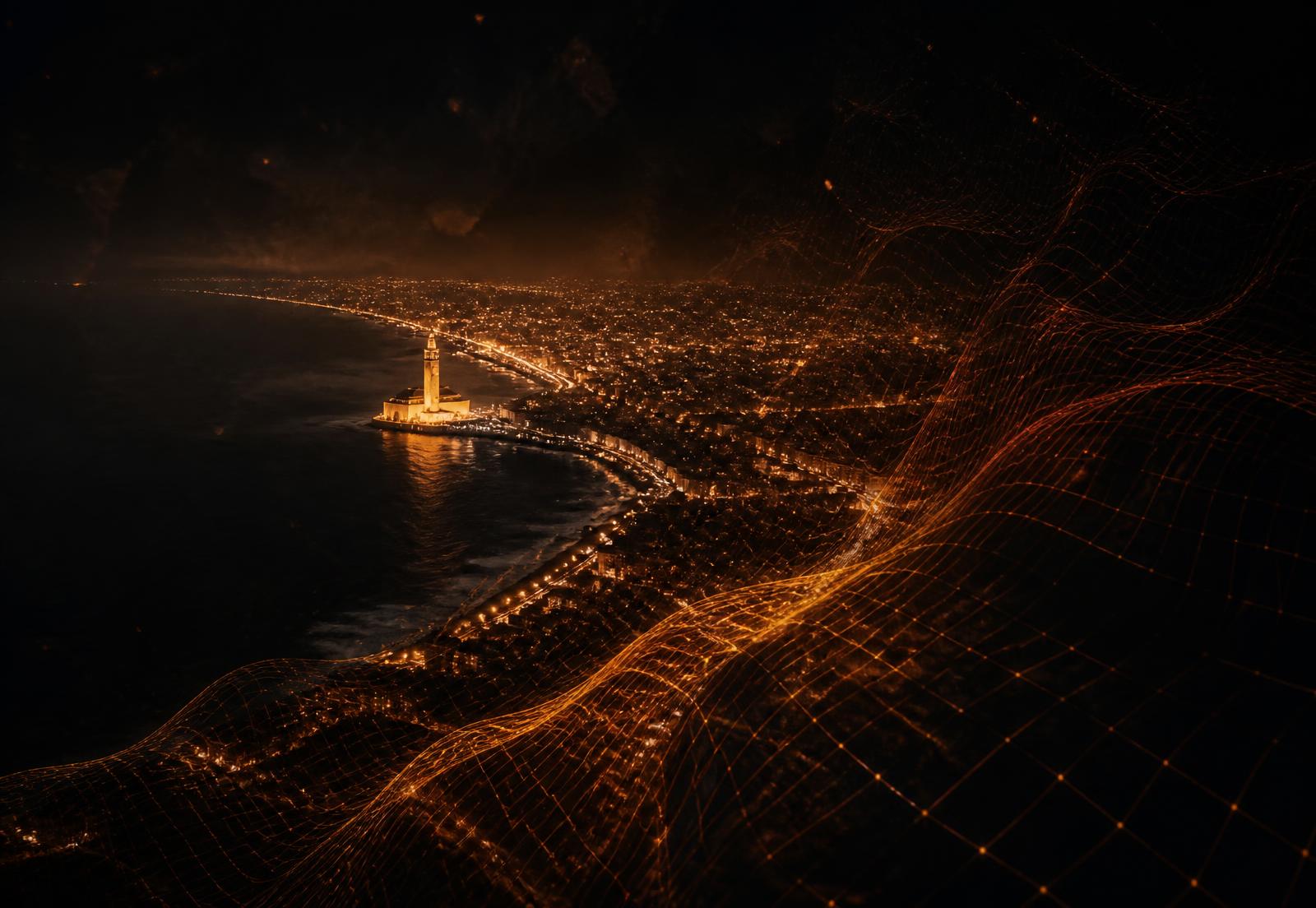 Vue nocturne de Casablanca avec une trame numérique lumineuse